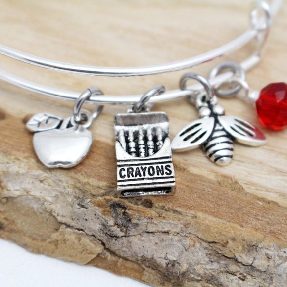Apple, Box of Crayons & Bee - Teachers Gift Bangle - Handcrafted Hypoall… - Picture 2 of 4